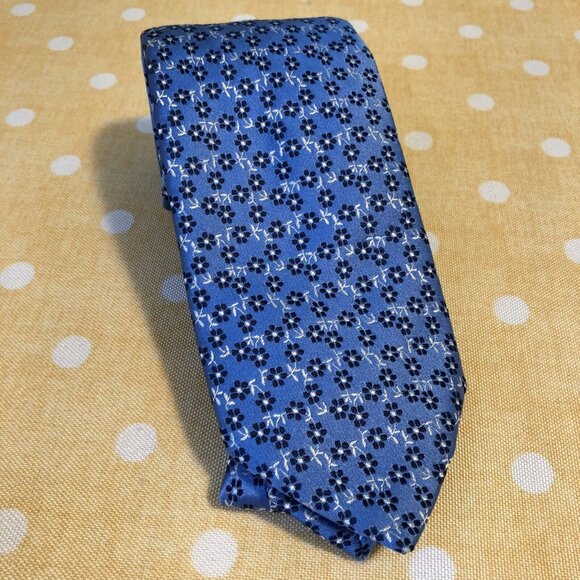 SOLD MENS THOMAS PINK TIE 100% SILK MADE IN Morocco 3.25” Blue Floral - Picture 2 of 8